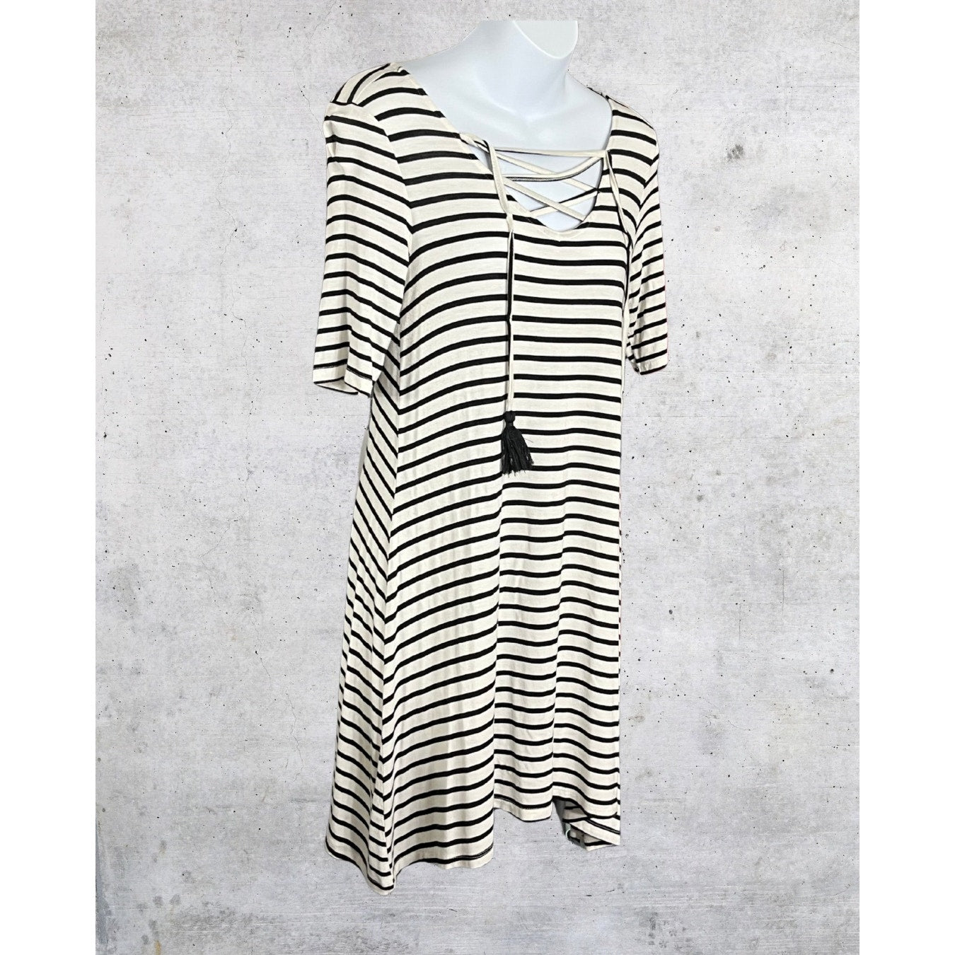 Black & White Striped Lace-Up Tassel Dress