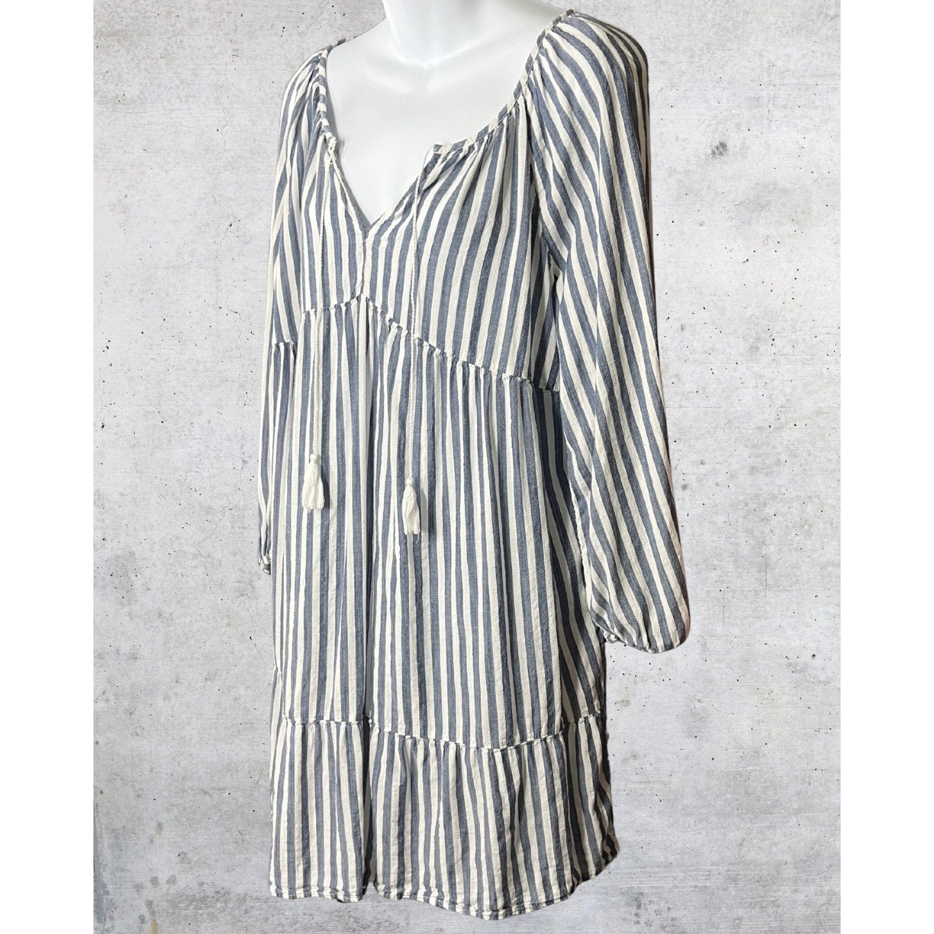 Blue & White Striped Tassel Tunic Dress