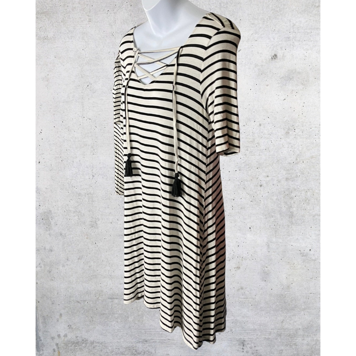 Black & White Striped Lace-Up Tassel Dress