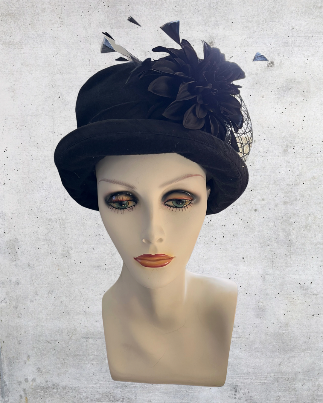 Black Felt Topper with Flower and Feathers