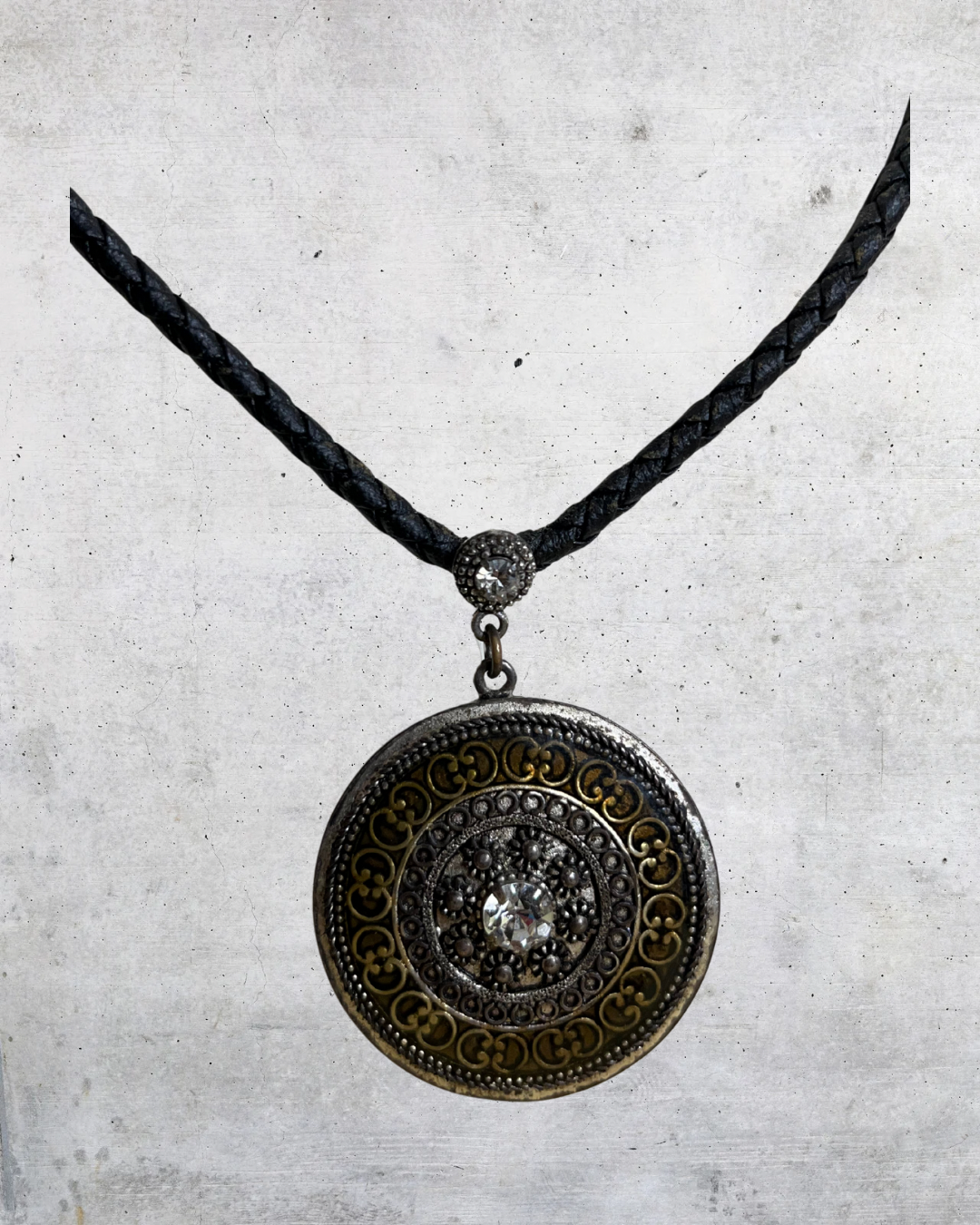 Lia Sophia Braided Cord Pendant Necklace Round Filigree Medallion Crystal Accent