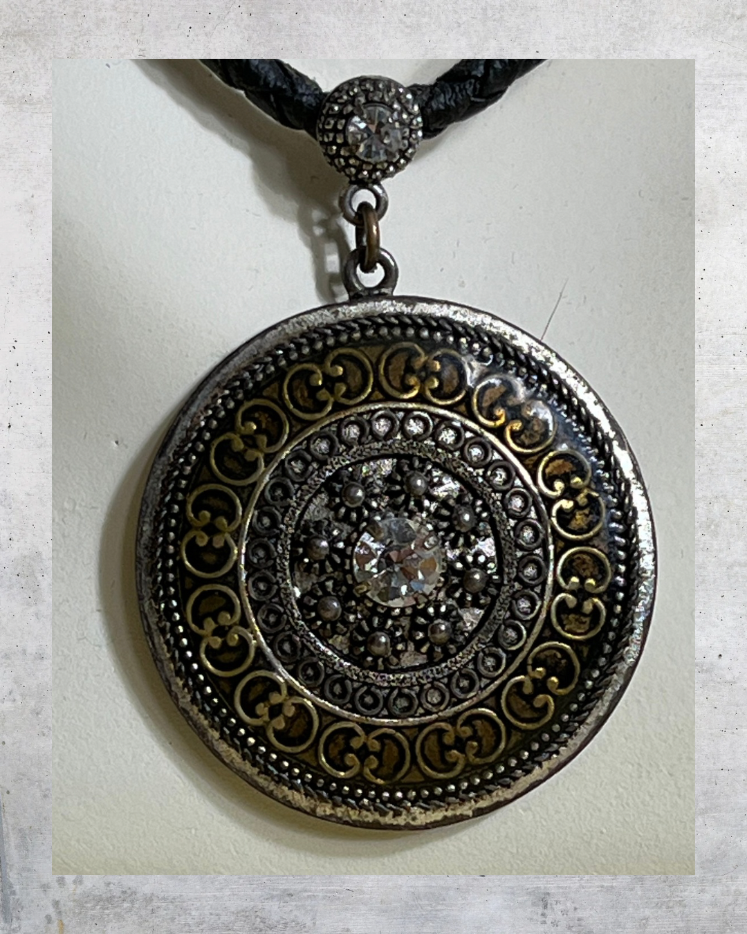 Lia Sophia Braided Cord Pendant Necklace Round Filigree Medallion Crystal Accent