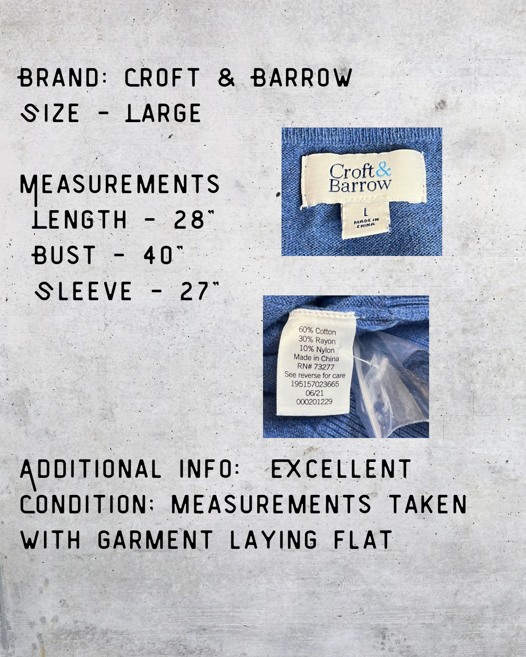 Croft & Barrow Blue Argyle V-Neck Sweater - Large