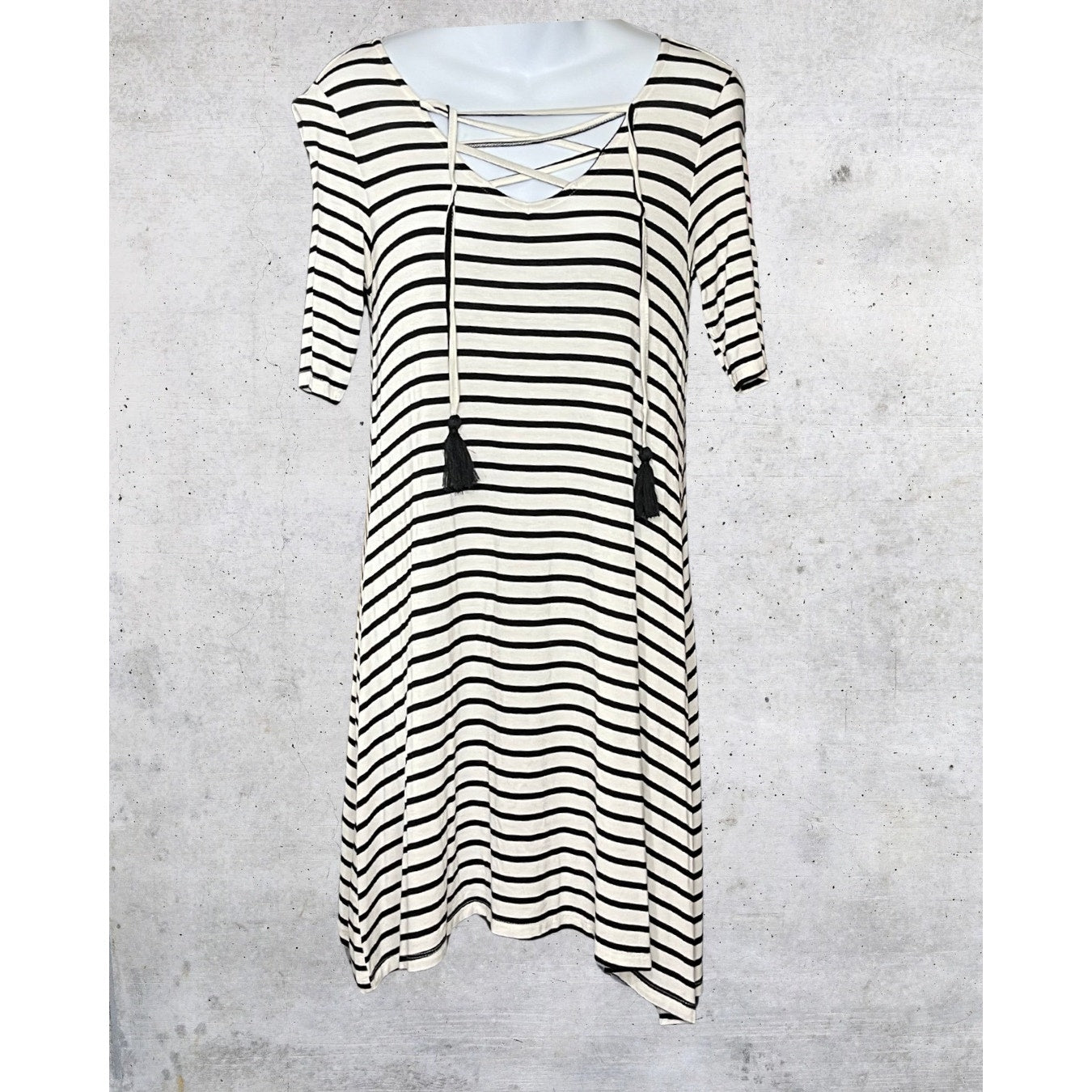 Black & White Striped Lace-Up Tassel Dress