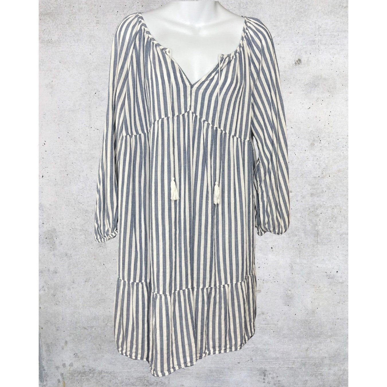 Blue & White Striped Tassel Tunic Dress