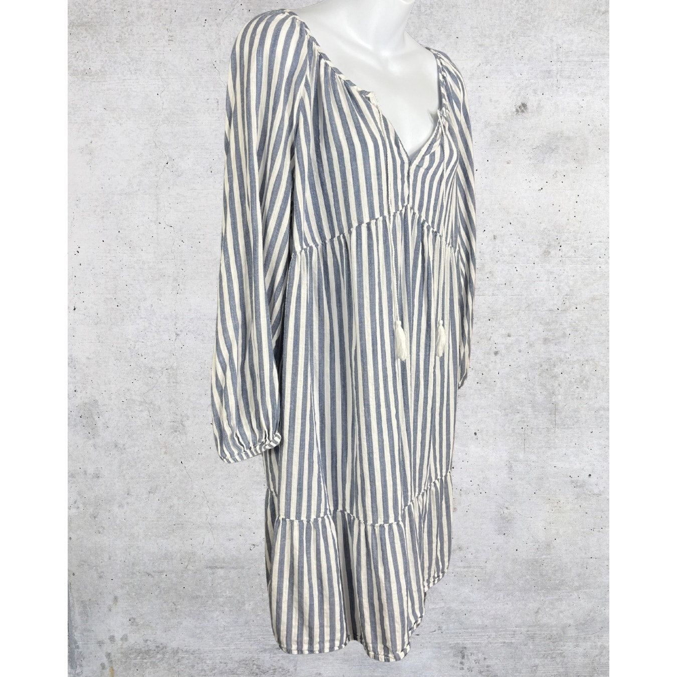 Blue & White Striped Tassel Tunic Dress