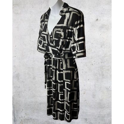 Black & Gray Geometric Tie-Front Dress
