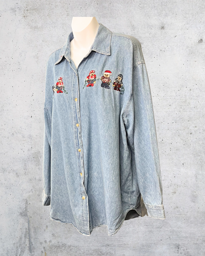Vintage Christmas Denim Shirt with Embroidered Bears - Size 22