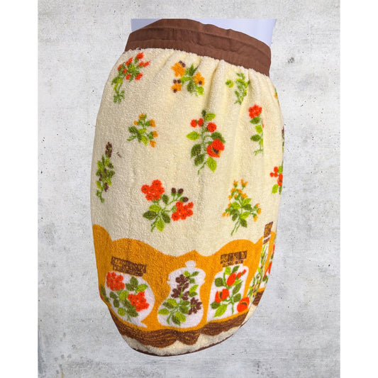 70s Terry‑Cloth Half Apron – Spice Jars & Florals