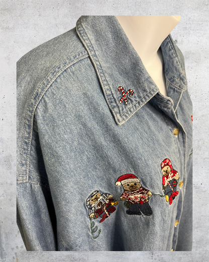 Vintage Christmas Denim Shirt with Embroidered Bears - Size 22