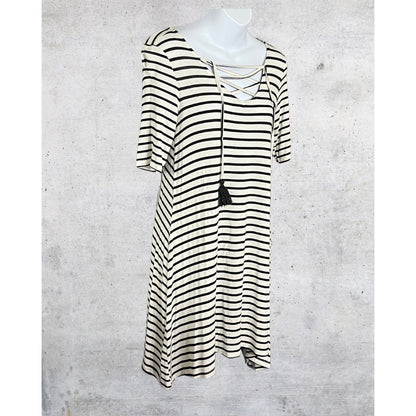 Black & White Striped Lace-Up Tassel Dress
