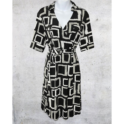 Black & Gray Geometric Tie-Front Dress