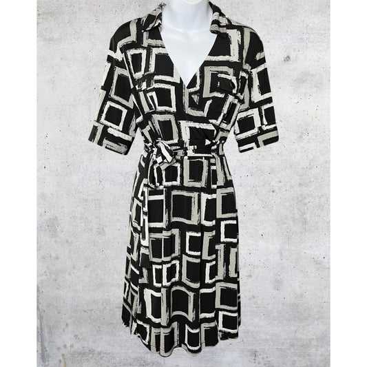 Black & Gray Geometric Tie-Front Dress