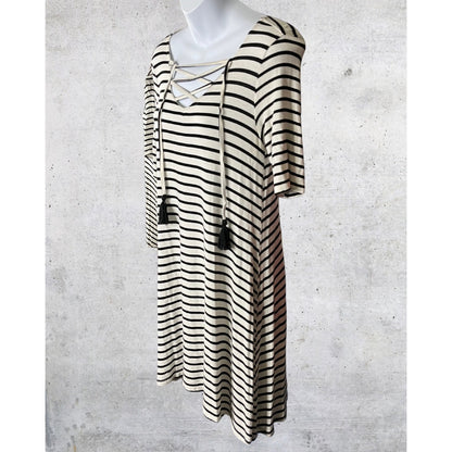 Black & White Striped Lace-Up Tassel Dress