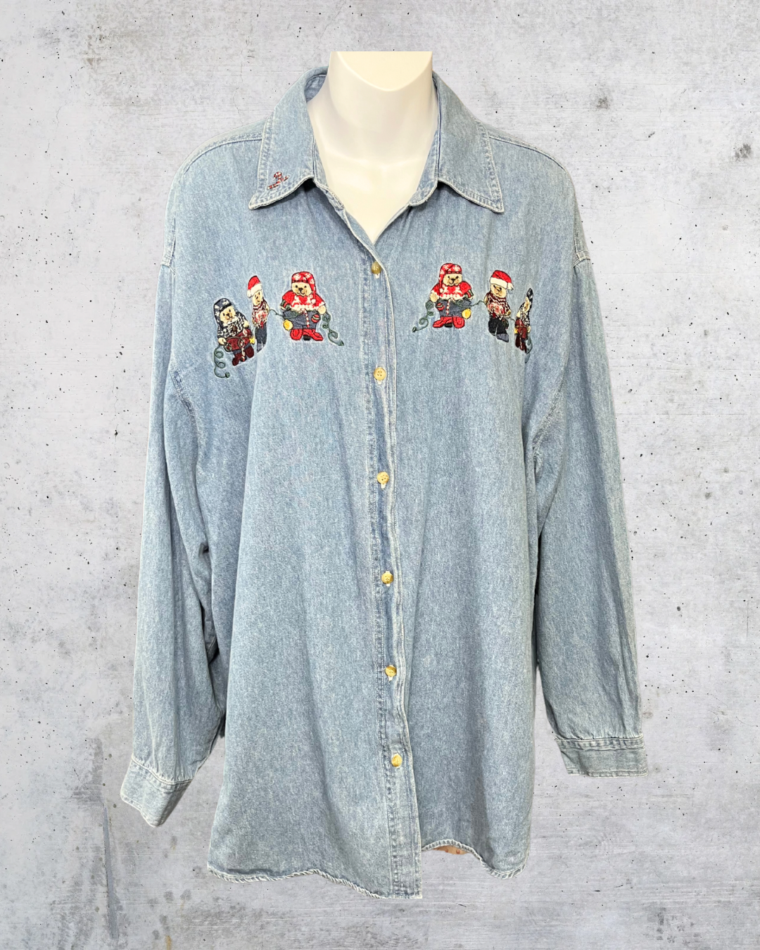 Vintage Christmas Denim Shirt with Embroidered Bears - Size 22