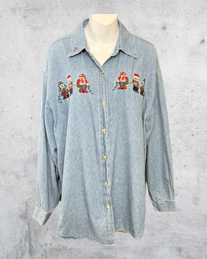 Vintage Christmas Denim Shirt with Embroidered Bears - Size 22