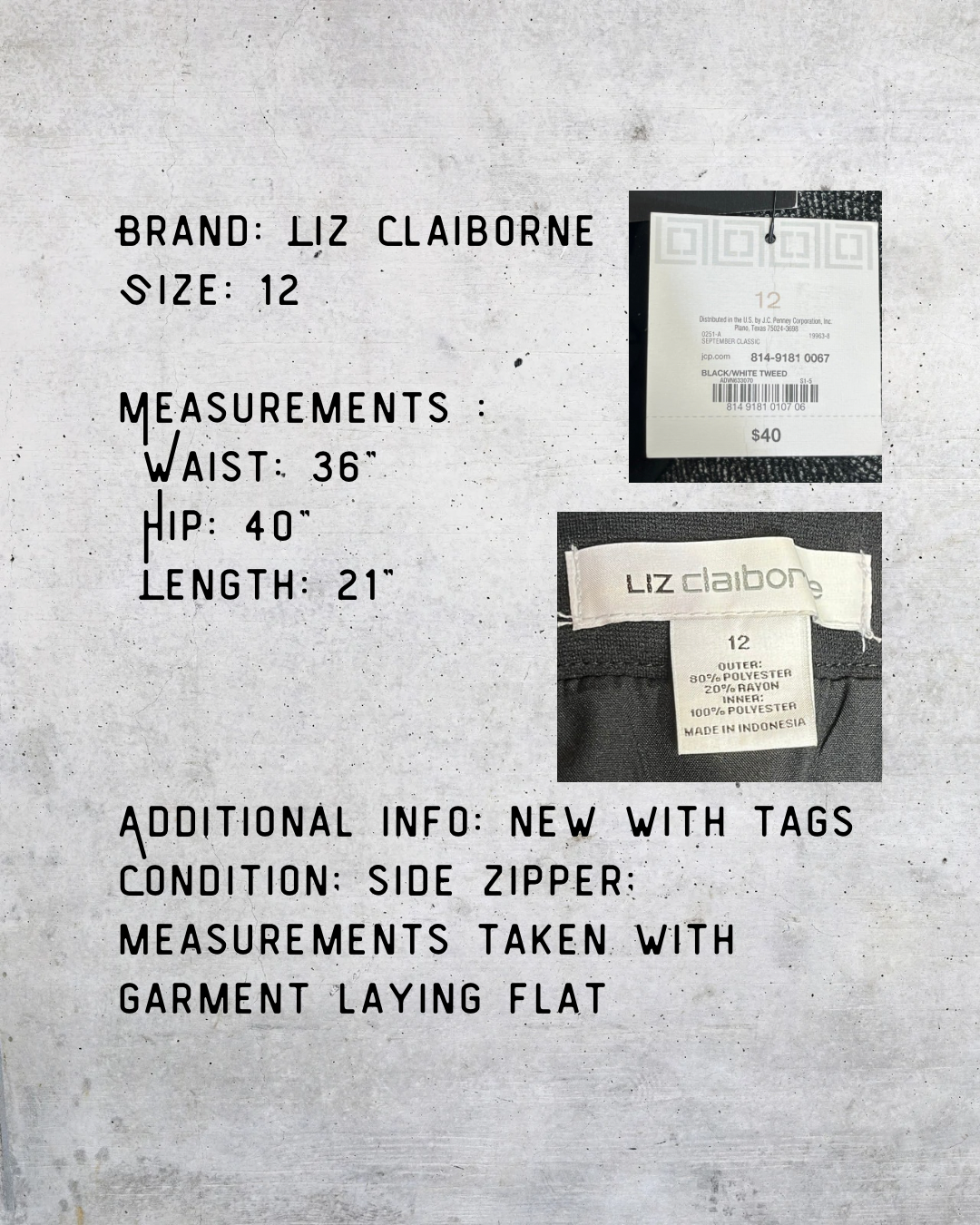 Liz Claiborne Black & White Tweed Skirt Size 12 NWT