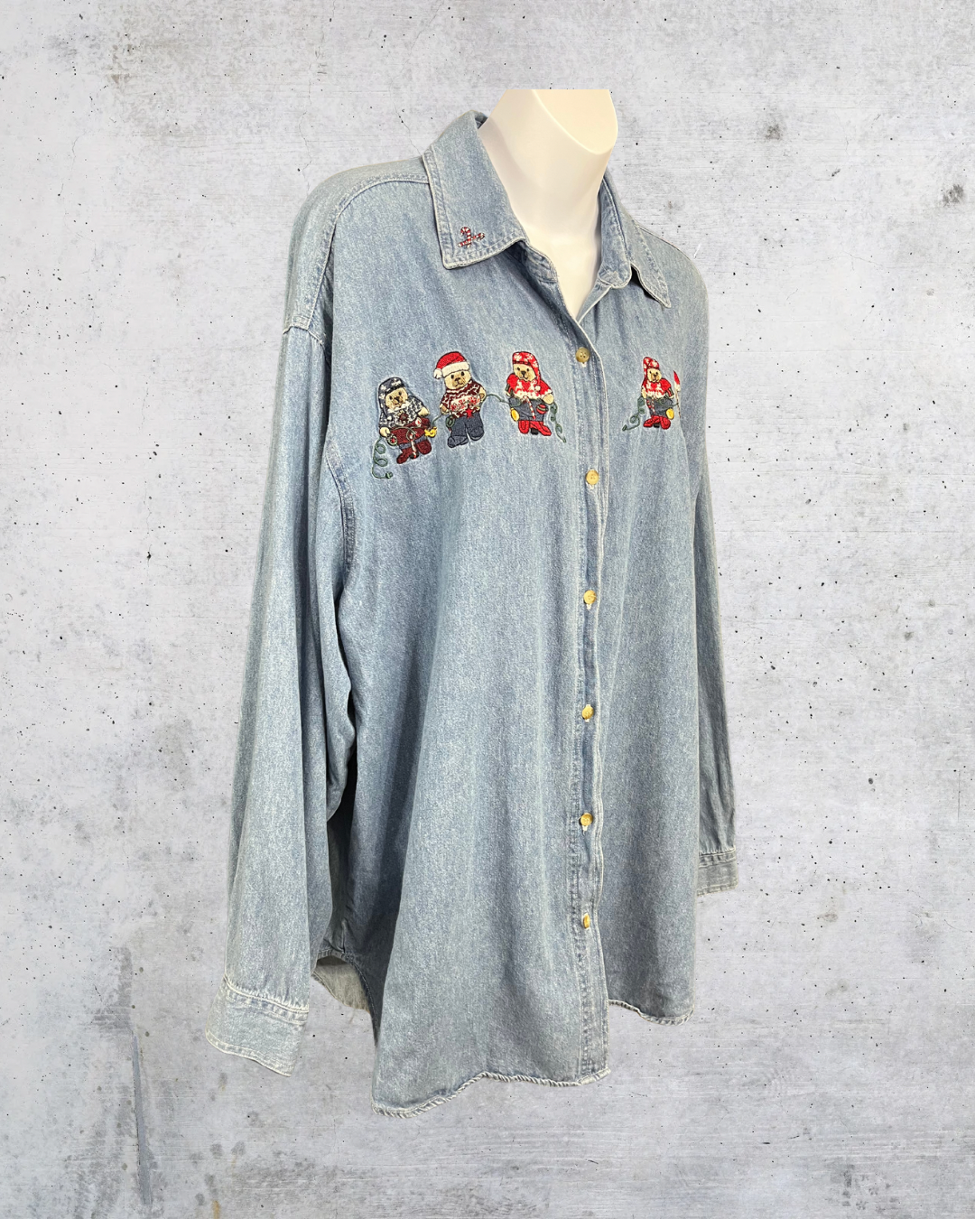 Vintage Christmas Denim Shirt with Embroidered Bears - Size 22