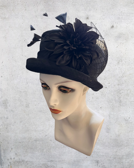 Black Felt Topper with Flower and Feathers