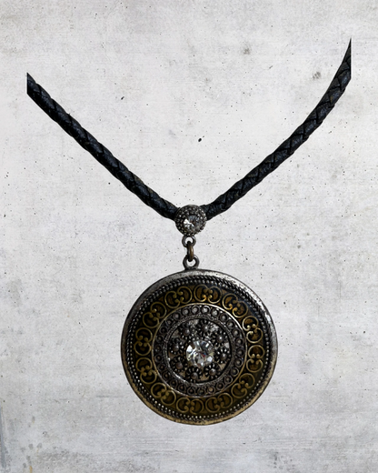 Lia Sophia Braided Cord Pendant Necklace Round Filigree Medallion Crystal Accent