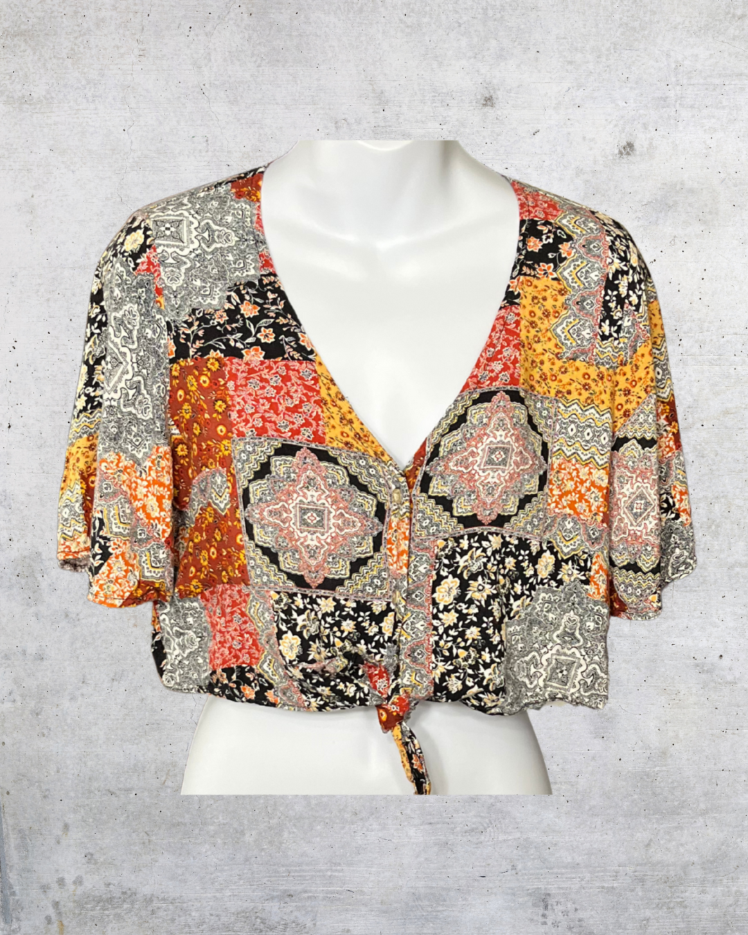 Polly & Esther Patchwork Tie-Front Top