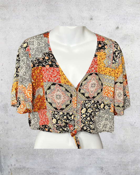Polly & Esther Patchwork Tie-Front Top