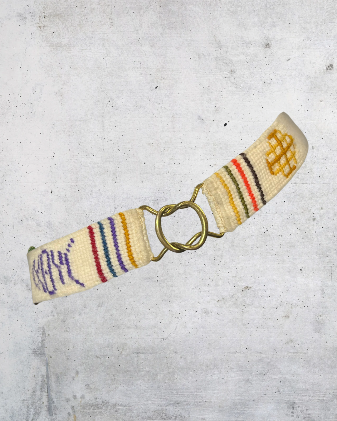 Vintage Handmade Embroidered Belt with Brass Rings - Small