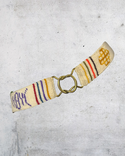 Vintage Handmade Embroidered Belt with Brass Rings - Small