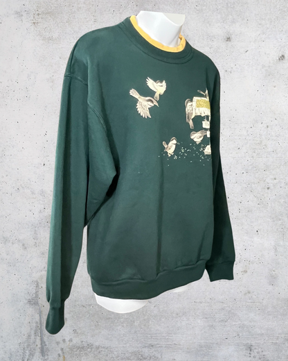 90s Vintage Forest Green Morning Sun Bird Feeder Sweatshirt – Large