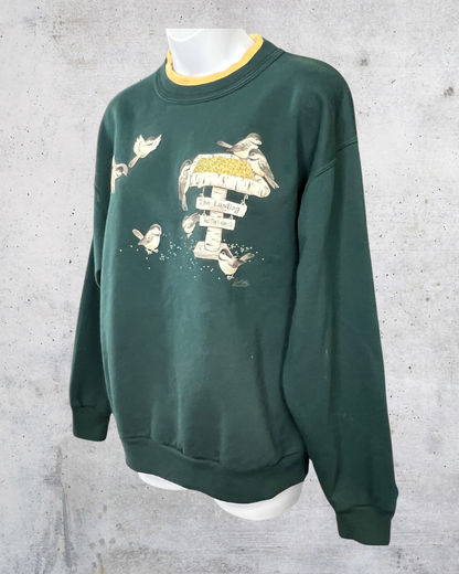90s Vintage Forest Green Morning Sun Bird Feeder Sweatshirt – Large