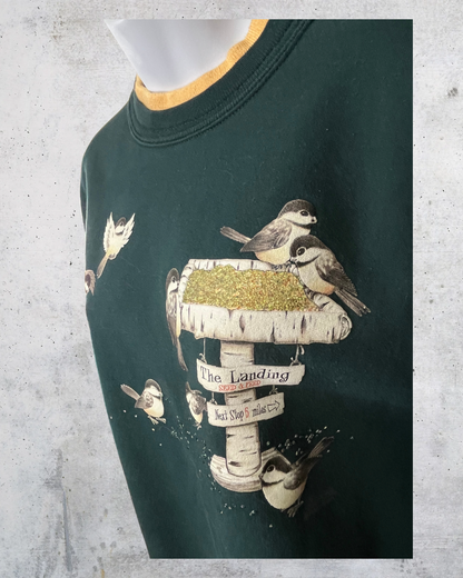 90s Vintage Forest Green Morning Sun Bird Feeder Sweatshirt – Large