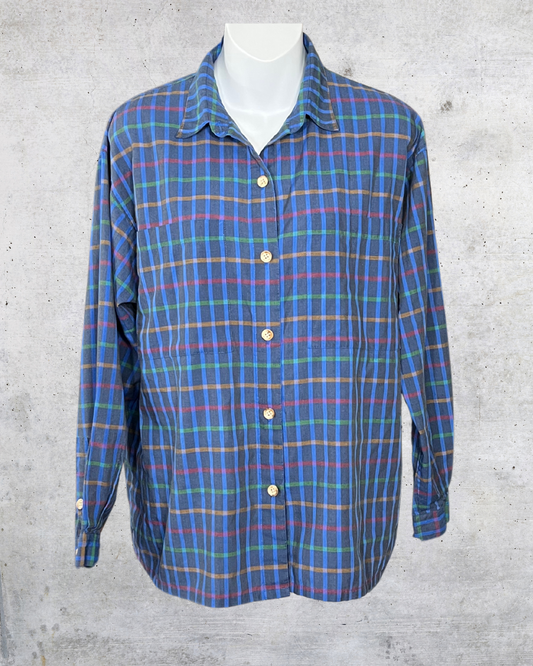 90s Multicolor Plaid Button-Up Shirt – Size 14