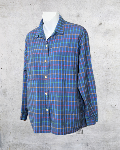 90s Multicolor Plaid Button-Up Shirt – Size 14