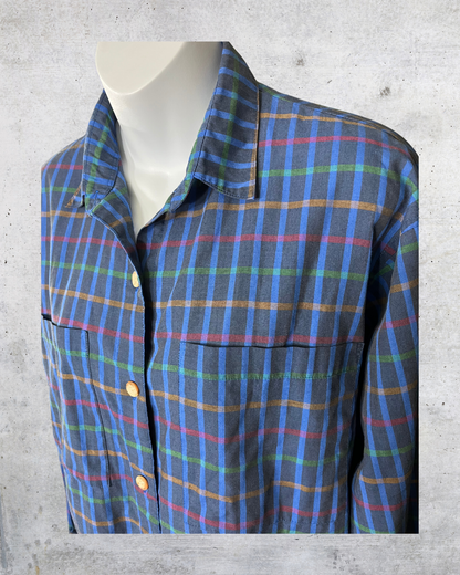 90s Multicolor Plaid Button-Up Shirt – Size 14