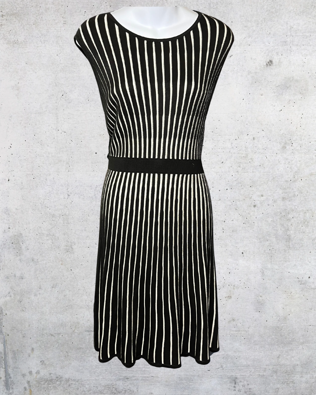 Calvin Klein Black & Cream Vertical Stripe Knit Dress - Large