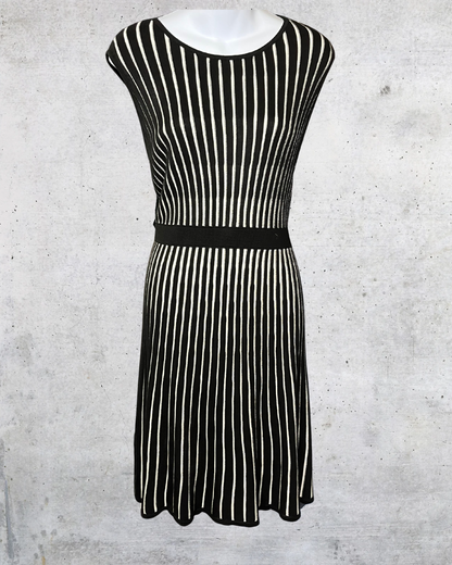 Calvin Klein Black & Cream Vertical Stripe Knit Dress - Large