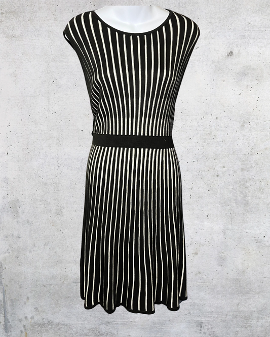 Calvin Klein Black & Cream Vertical Stripe Knit Dress - Large