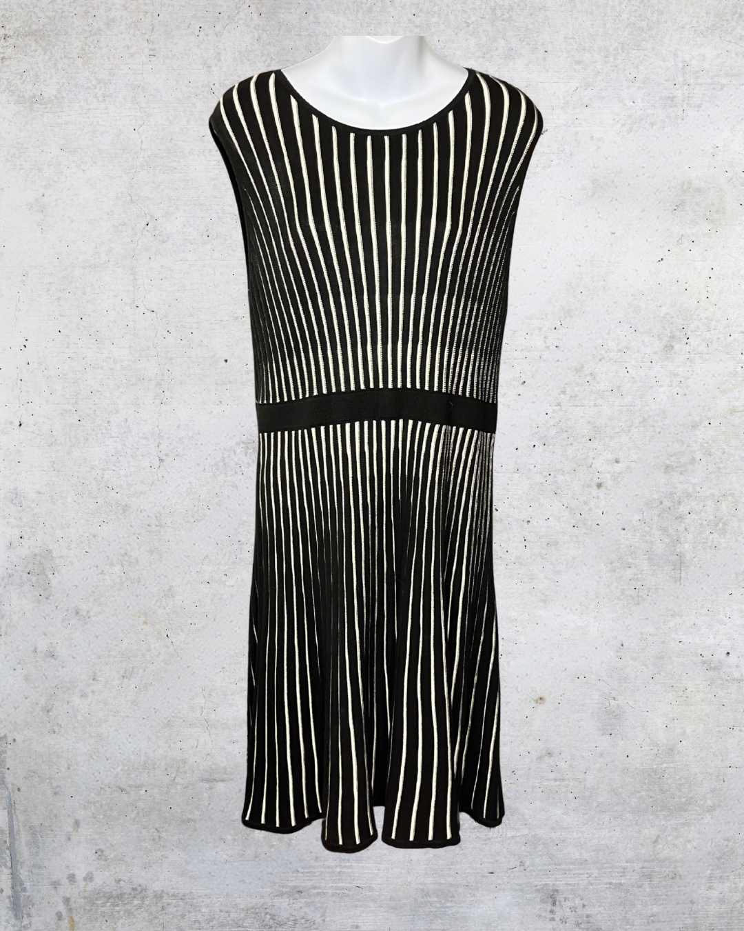 Calvin Klein Black & Cream Vertical Stripe Knit Dress - Large