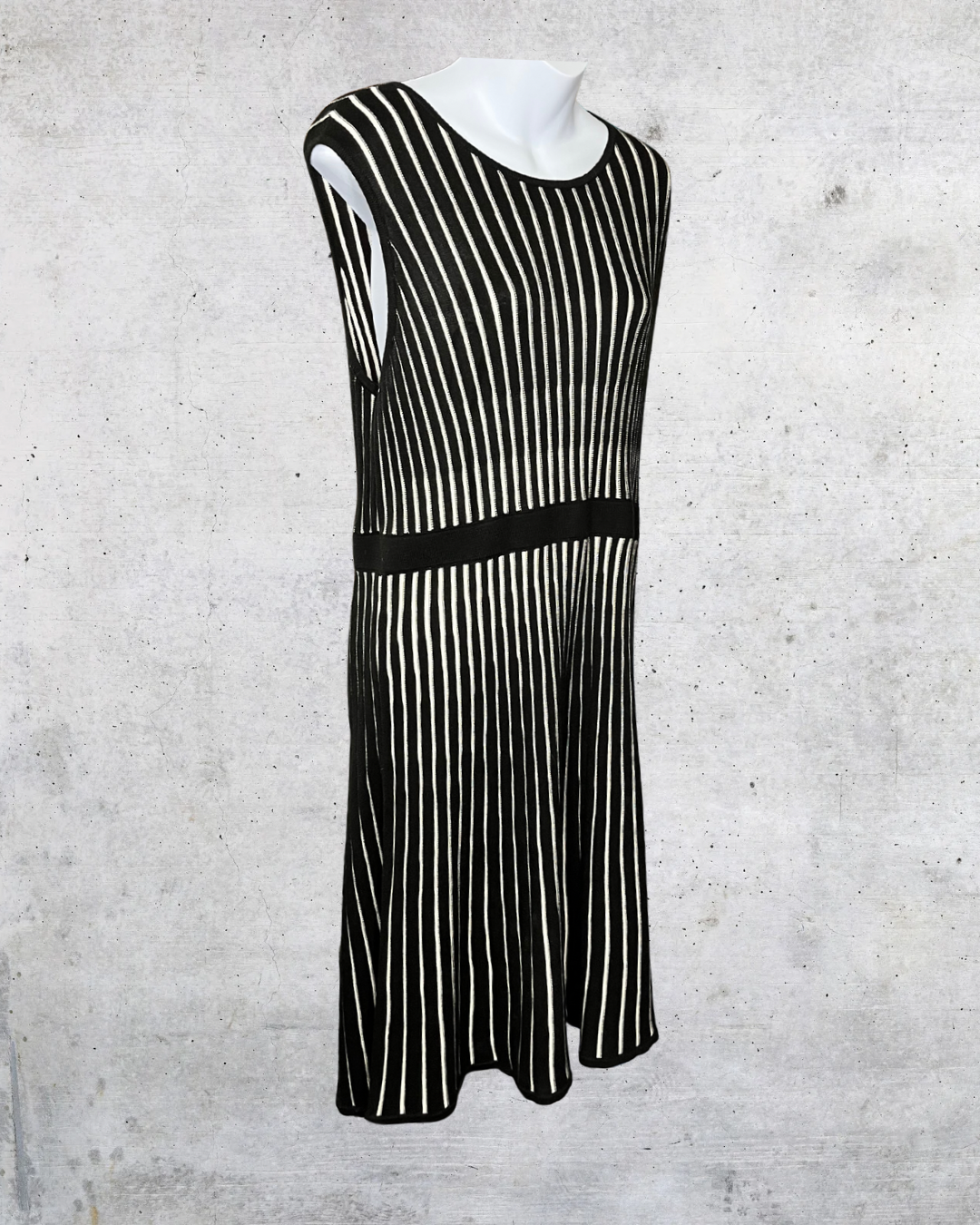 Calvin Klein Black & Cream Vertical Stripe Knit Dress - Large