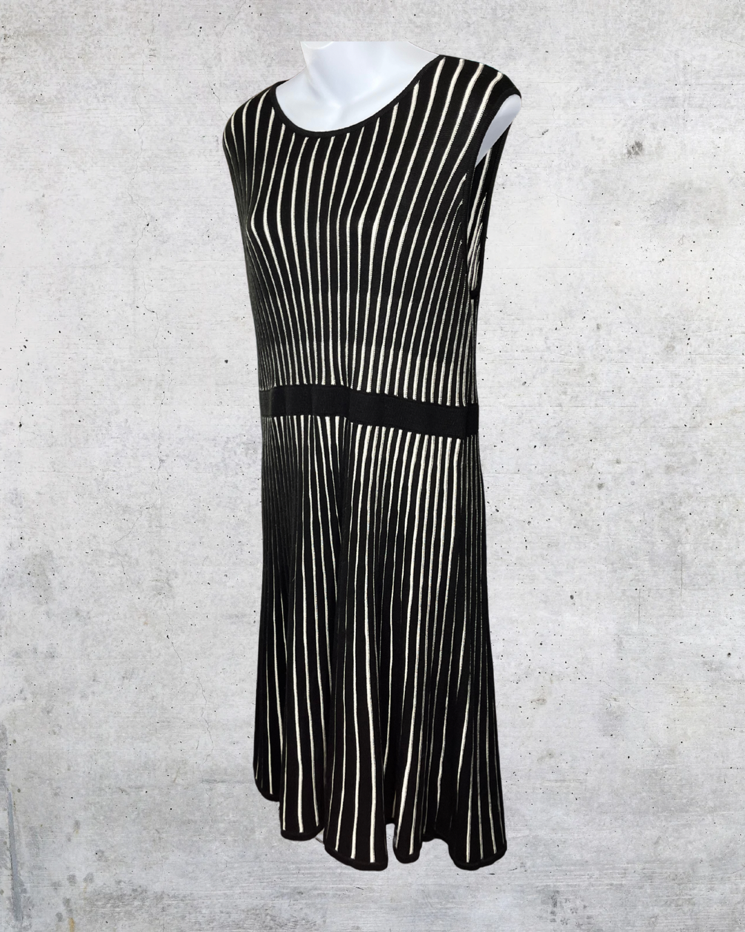 Calvin Klein Black & Cream Vertical Stripe Knit Dress - Large