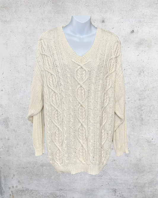 Chaus Cream Cable-Knit V-Neck Sweater - Large