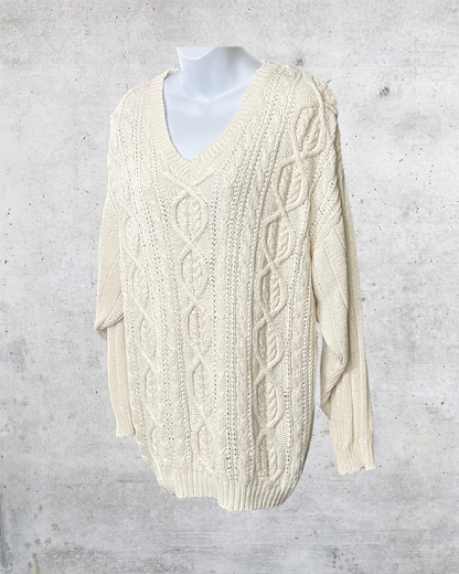 Chaus Cream Cable-Knit V-Neck Sweater - Large