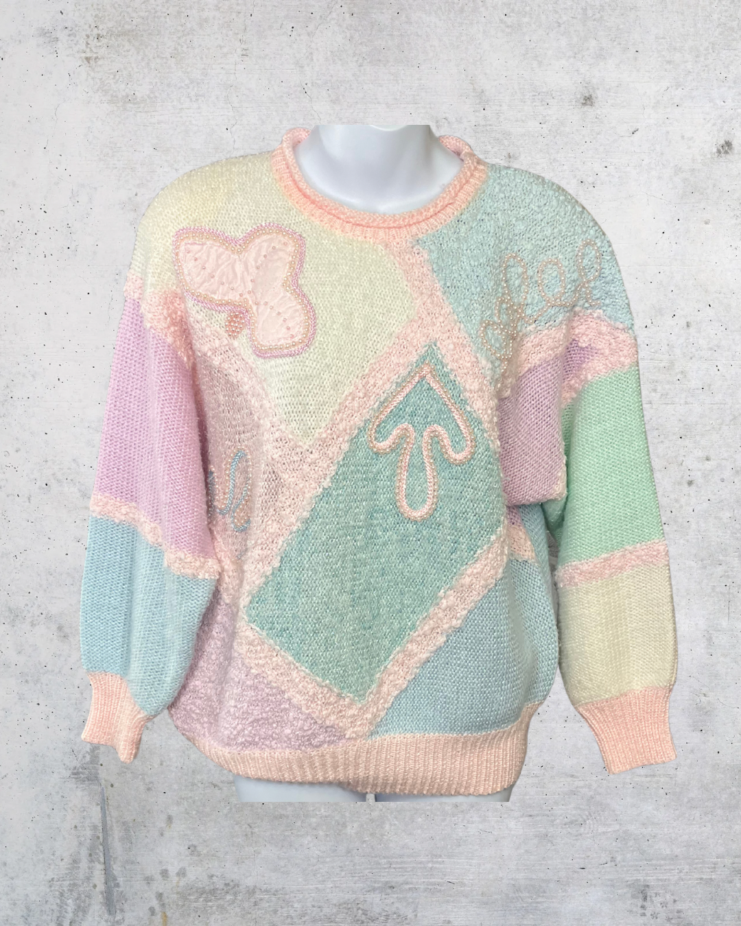 Vintage Jaclyn Smith Pastel Patchwork Beaded Sweater – Large