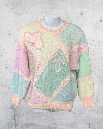 Vintage Jaclyn Smith Pastel Patchwork Beaded Sweater – Large