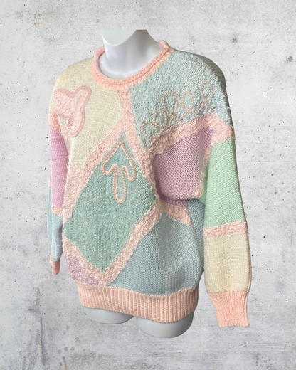 Vintage Jaclyn Smith Pastel Patchwork Beaded Sweater – Large