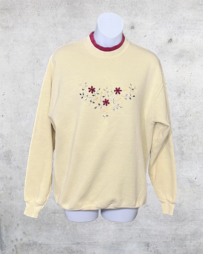 Vintage Lee Floral Embroidered Cream Crewneck Sweatshirt - Large