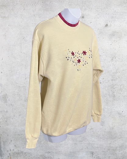 Vintage Lee Floral Embroidered Cream Crewneck Sweatshirt - Large
