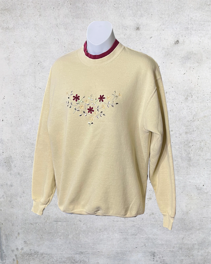 Vintage Lee Floral Embroidered Cream Crewneck Sweatshirt - Large