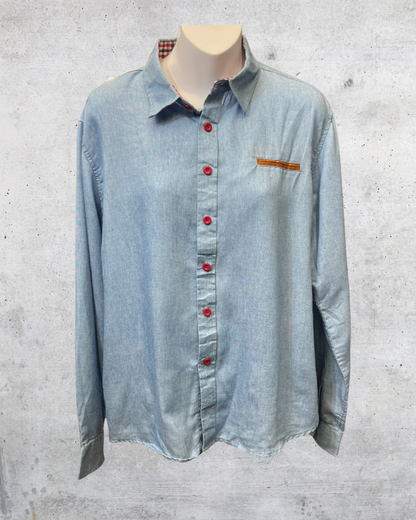 Chambray Button-Up Shirt with Red Buttons & Plaid Collar Detail - XL