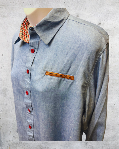 Chambray Button-Up Shirt with Red Buttons & Plaid Collar Detail - XL